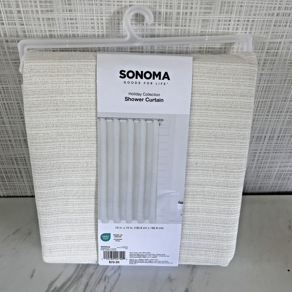 Sonoma Fabric Shower Curtain 72x72 Holiday Ivory Gold Thread Cotton Blend Bxk